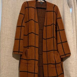 FORTUNE + IVY Brown Grid Pattern Long Cardigan 2X